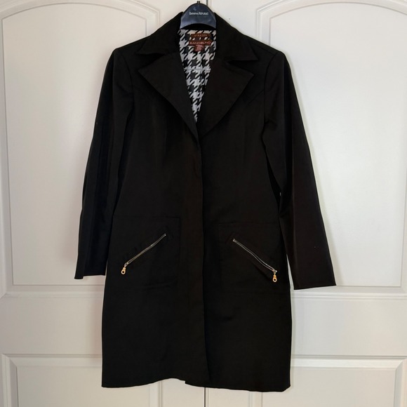 Bandolino Jackets & Blazers - Bandolino Womens Black Stretch Trench Coat Houndstooth Lining Gold Zip Pockets L